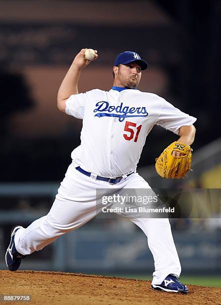 Jonathan Broxton of the Los Angeles Dodgers pitches against the Colorado Rockies at Dodger Stadium on June 29, 2009 in Los Angeles, California.