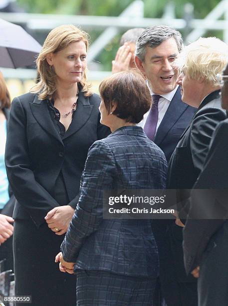Tess Jowell and Sarah Brown look on as Prime Minister Gordon Brown laughs while talking to Boris Johnson during the unveiling of the July 7 bombings...