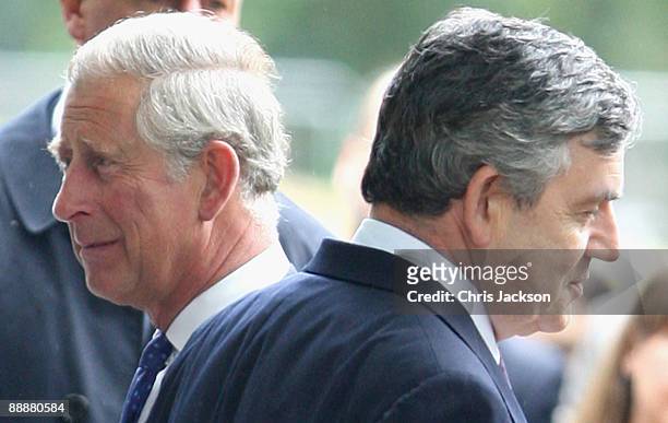 Prince Charles, Prince of Wales and Prime Minister Gordon Brown prepare to leave the unveiling of the July 7 bombings memorial service at Hyde Park...