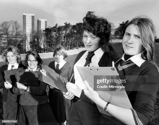 Five pupils at Hodge Hill Girls School, Birmingham, who are completing a project on high rise flats for their S.E. Left to right, Mary McNulty, Gail...