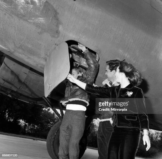 Actors Steve McQueen , Robert Wagner and Shirley Anne Field filming the War Lover in front of a Boeing B17 Flying Fortress at RAF Bovingdon...