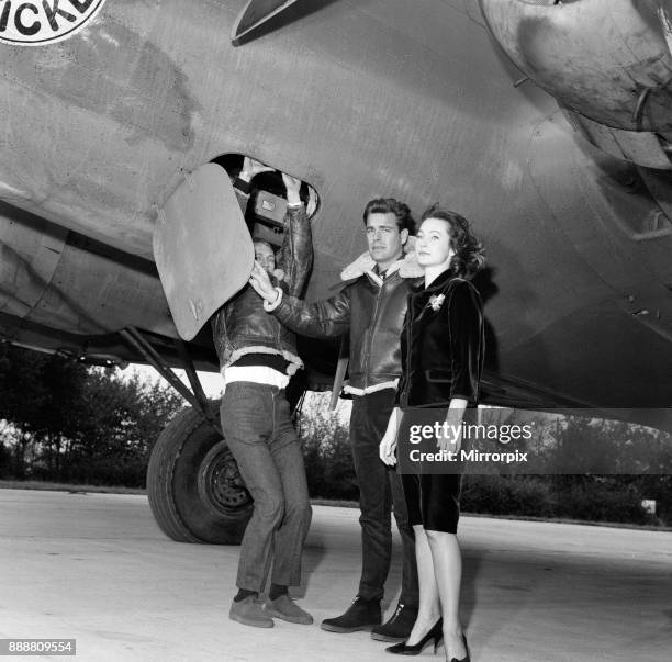 Actors Steve McQueen , Robert Wagner and Shirley Anne Field filming the War Lover in front of a Boeing B17 Flying Fortress at RAF Bovingdon...