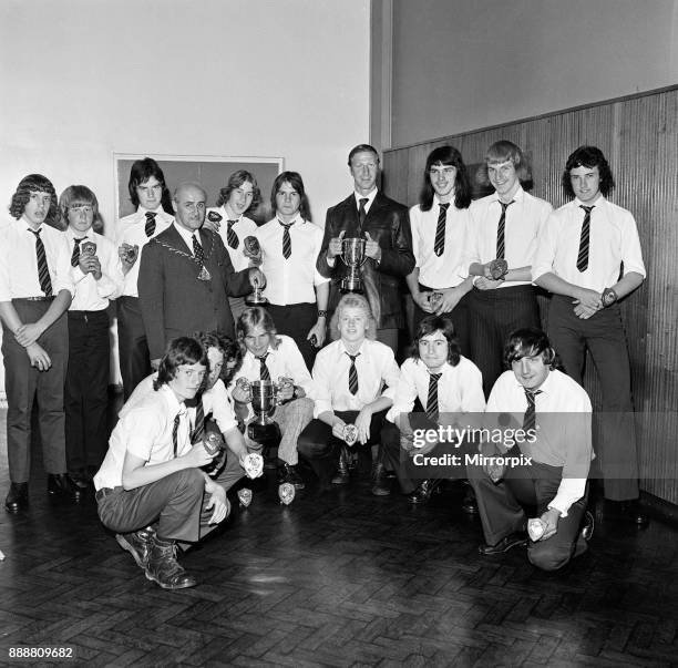 Jack Charlton presents the school FA awards, 1973.
