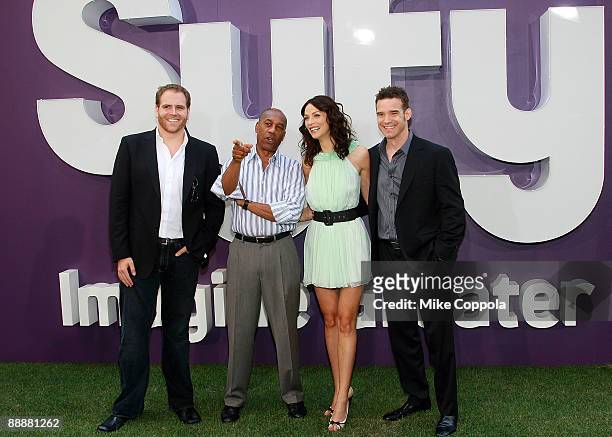 Television personality Josh Gates, and actors Joe Morton, Joanne Kelly, and Eddie McClintock attend the Syfy Imagination Park dedication ceremony at...