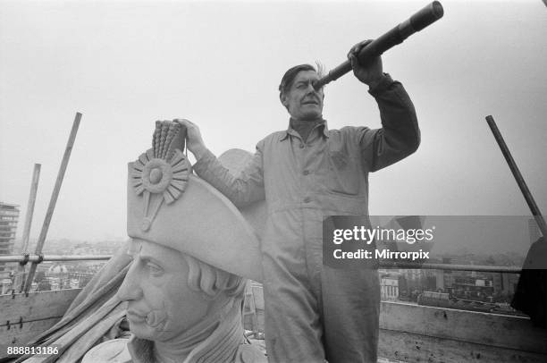 For the first time in over a hundred years Nelson's statue has a clean face. Several days of sand blasting have revealed scars from the last war...