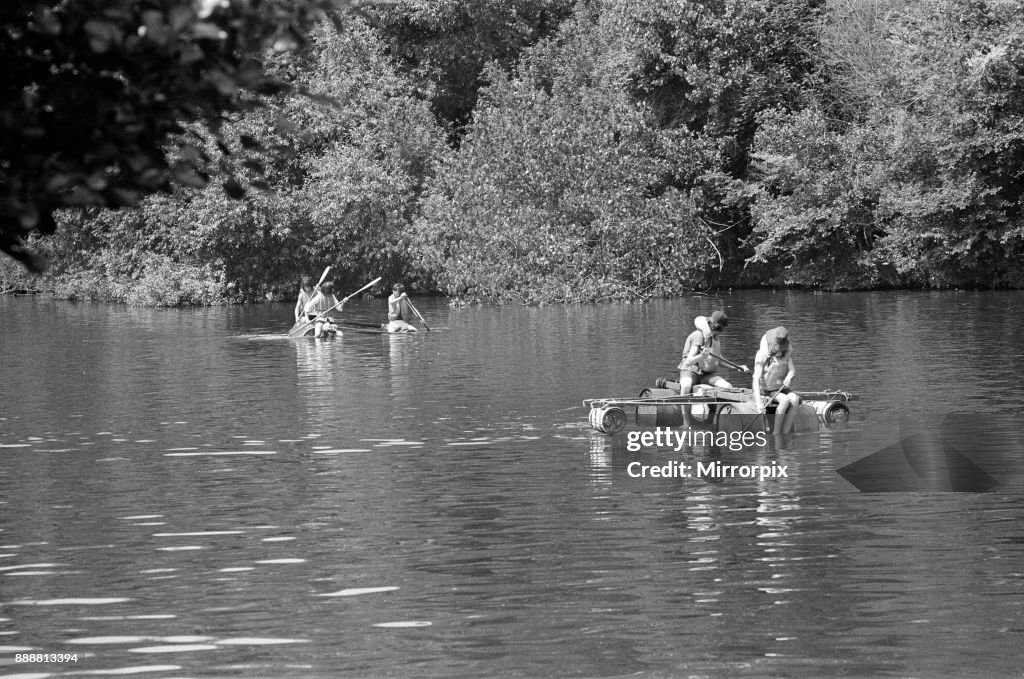 Raft race in Pangbourne, Berkshire, 1976