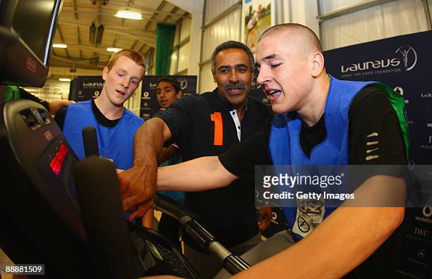 Daley Thompson, member of the Laureus World Sports Academy visits the Manchester Kickz prodject at Old Trafford on the eve of his departure for...