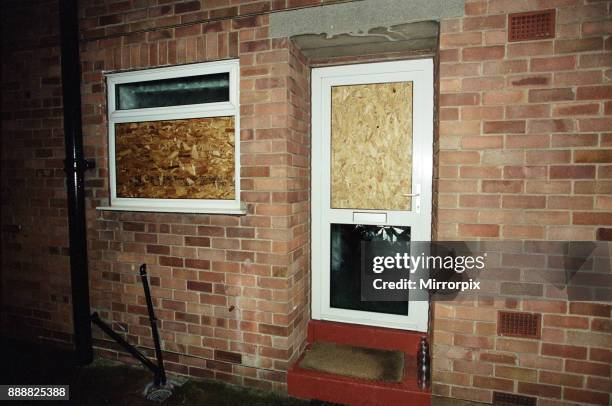 Exterior night shot of partially boarded up building in Driffield. Photographed in relation to an alleged arrest of footballer Curtis Woodhouse, 24th...