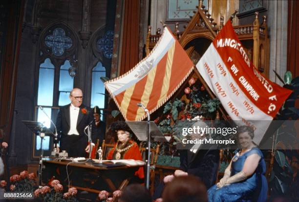 Matt Busby granted freedom of Manchester from Lord Mayor Alderman, Mrs Elizabeth Yarwood, 23rd November 1967.