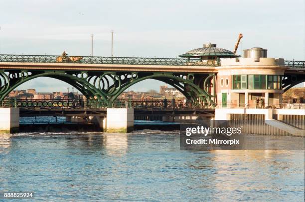 Teesside Barrage is raised, holding back the waters of the Tees, 12th December 1994.