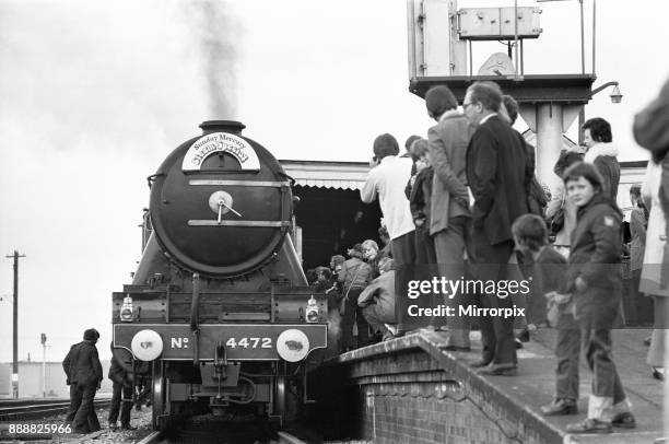 The Flying Scotsman arriving at Didcot, Oxfordshire, 15th June 1974 Gentle giant. The mighty Flying Scotsman puffs softly along the glistening...