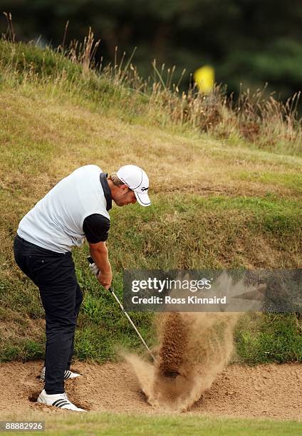 Matt Allen of the Berkshire hits out of a bunker during local final qualifing for the 2009 Open Championship at Glasgow Gales Links on July 7, 2009...