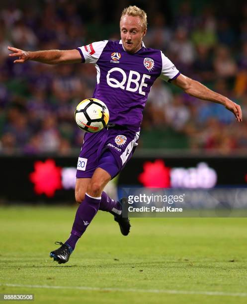 Mitch Nichols of the Glory controls the ball during the round 10 A-League match between the Perth Glory and the Newcastle Jets at nib Stadium on...