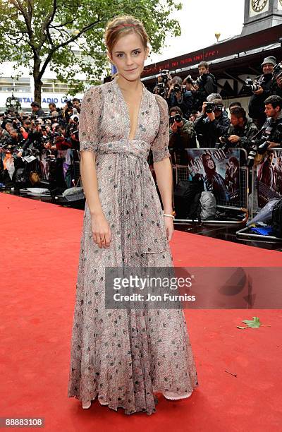 Actress Emma Watson attends the 'Harry Potter and the Half-Blood Prince' film premiere at the Odeon Leicester Square on July 7, 2009 in London,...
