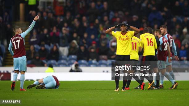 Marvin Zeegelaar of Watford reacts to being sent off during the Premier League match between Burnley and Watford at Turf Moor on December 9, 2017 in...