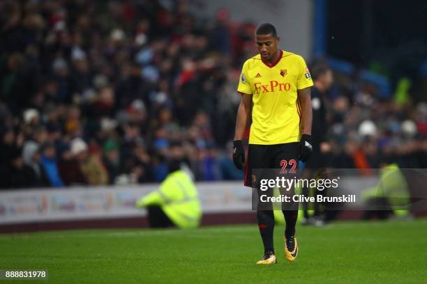 Marvin Zeegelaar of Watford walks off after being sent off during the Premier League match between Burnley and Watford at Turf Moor on December 9,...