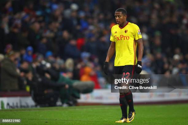 Marvin Zeegelaar of Watford walks off after being sent off during the Premier League match between Burnley and Watford at Turf Moor on December 9,...