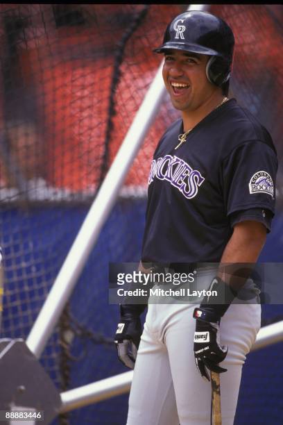 Vinny Castilla of the Colorado Rockies looks on before a baseball game against the New York Mets on April 15, 1993 at Shea Stadium in New York, New...