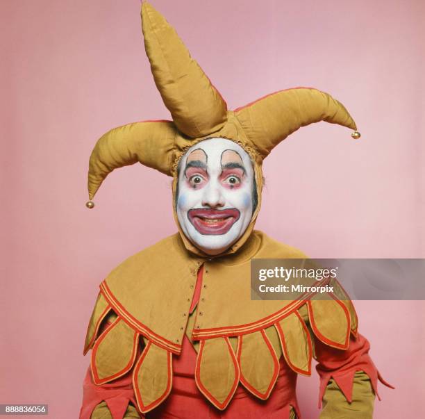 Keith Moon, drummer of The Who rock group, pictured in the Daily Mirror studios, dressed in court jester costume and make up to entertain the...