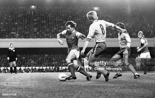 Cup First Round First Leg match at Highbury. Arsenal 3 v FC Leipzig 0. . Liam Brady on the ball for Arsenal, 13th September 1978.