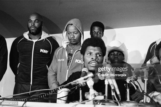 Leon Spinks speaking at a press conference for his World Title fight against Muhammad Ali. Ali won on points to win the World Title for a third time,...