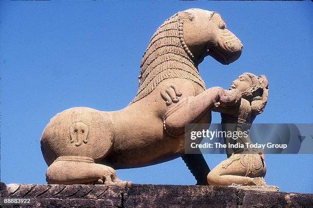 Lion and woman statue at Khajuraho Temple