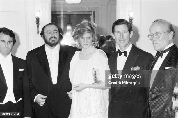 Princess Diana The Princess of Wales and Prince Charles with Italian tenor Luciano Pavarotti at London's Royal Opera House after a charity concert....