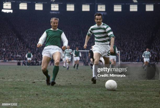 Scottish League Cup Final at Hampden Park. Hibernian 2 v Celtic 6. Steve Chalmers of Celtic' in a race for the ball with John Madsen, 5th April 1969.