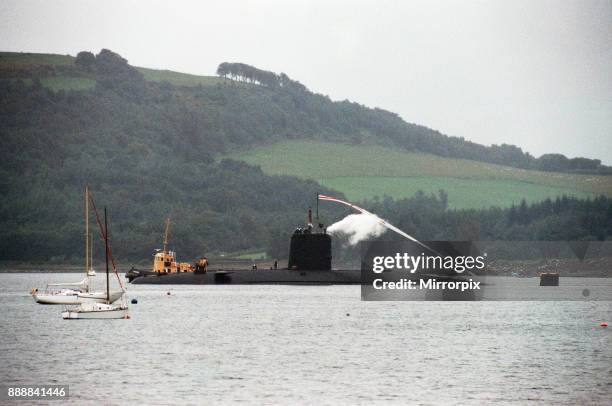 The Churchill class nuclear submarine HMS Conqueror leaves Her Majesty's Naval Base, Clyde at Faslane for the final time before being scrapped. Here...