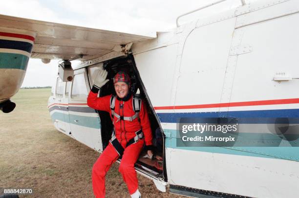 Nicholas Parsons, TV Presenter and actor, preparing for a tandem skydive, 17th September 1991.