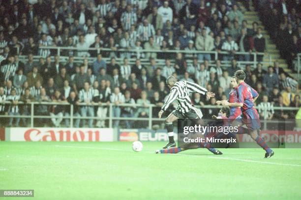 Newcastle United 3-2 Barcelona, UEFA Champions League Group C match at St James Park, Wednesday 17th September 1997. Our picture shows ., 1st goal, a...