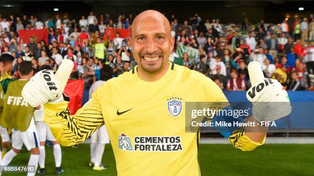 Goalkeeper Oscar Perez of CF Pachuca celebrates at the end of the FIFA Club World Cup UAE 2017 Second Round Match between CF Pachuca and Wydad...