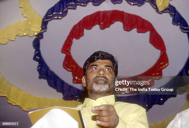 Nara Chandrababu Naidu, Chief Minister of Andhra Pradesh sitting at a party meeting