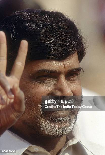 Nara Chandrababu Naidu, Chief Minister of Andhra Pradesh showing V for Victory