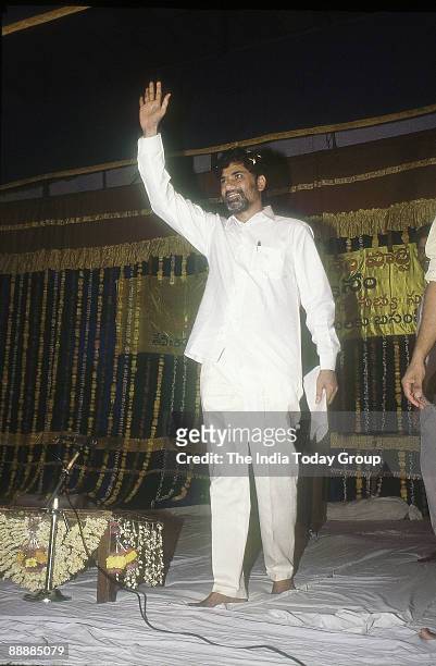 Nara Chandrababu Naidu, Chief Minister of Andhra Pradesh waving hand to his supporters