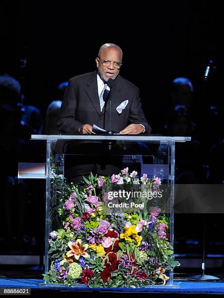 Music producer and Motown Records founder, Berry Gordy Jr. Speaks at the Michael Jackson public memorial service held at Staples Center on July 7,...