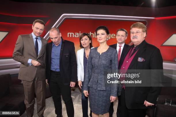 Christian Lindner ; Prof. Dr. Yanis Varoufakis ; Sandra Maischberger ; Dr. Sahra Wagenknecht ; Nikolaus Blome und Elmar Brok in der ARD-Talkshow...