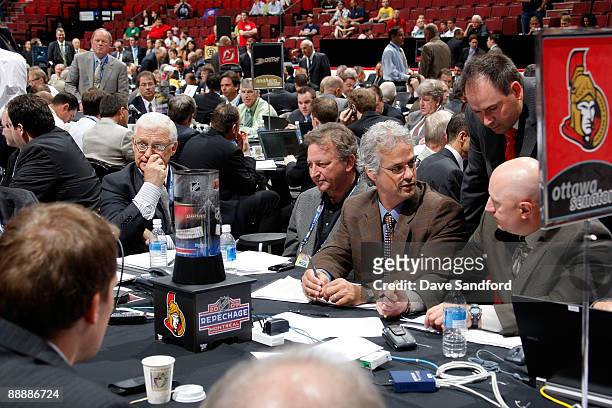 General view of the Ottawa Senators draft table during the second day of the 2009 NHL Entry Draft at the Bell Centre on June 27, 2009 in Montreal,...