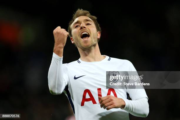 Christian Eriksen of Tottenham Hotspur celebrates after scoring his sides fifth goal during the Premier League match between Tottenham Hotspur and...