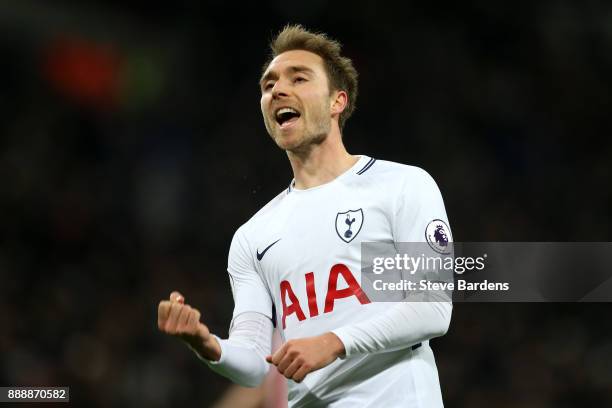 Christian Eriksen of Tottenham Hotspur celebrates after scoring his sides fifth goal during the Premier League match between Tottenham Hotspur and...