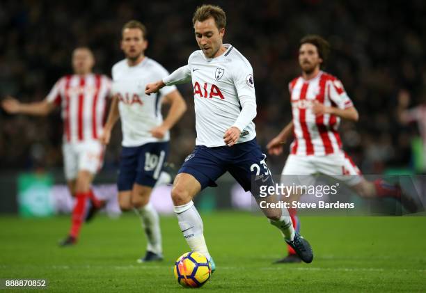 Christian Eriksen of Tottenham Hotspur scores his sides fifth goal during the Premier League match between Tottenham Hotspur and Stoke City at...