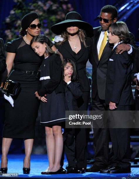 Singer Janet Jackson, Paris Jackson, Prince Michael II, La Toya Jackson, Jackie Jackson and Prince Michael I on stage at the Michael Jackson public...