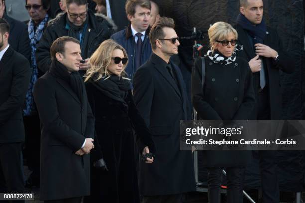 French President Emmanuel Macron, Laura Smet, David Hallyday and Brigitte Macron during Johnny Hallyday's Funeral at Eglise De La Madeleine on...