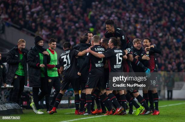 Leverkusens Kevin Volland, Sven Bender, Julian Baumgartlinger, Karim Bellarabi and Benjamin Henrichs celebrate the 2-0 goal during the Bundesliga...