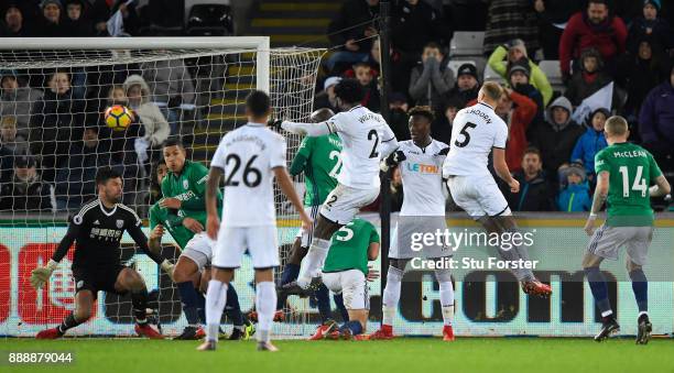 Wilfried Bony of Swansea scores the winning goal during the Premier League match between Swansea City and West Bromwich Albion at Liberty Stadium on...