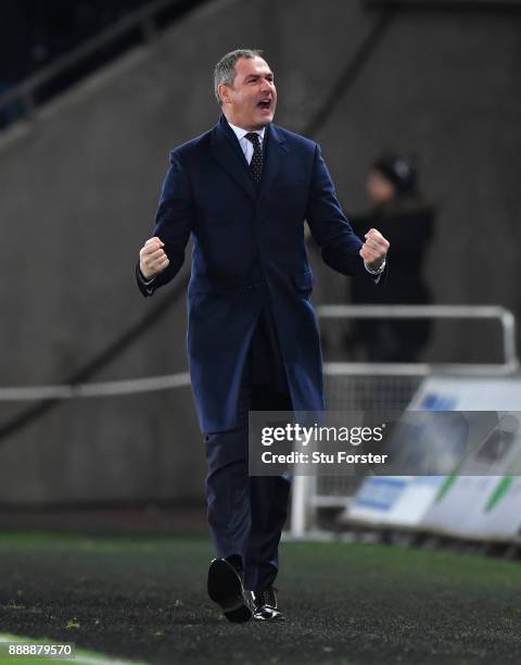 Swansea manager Paul Clement celebrates the winning goal during the Premier League match between Swansea City and West Bromwich Albion at Liberty...