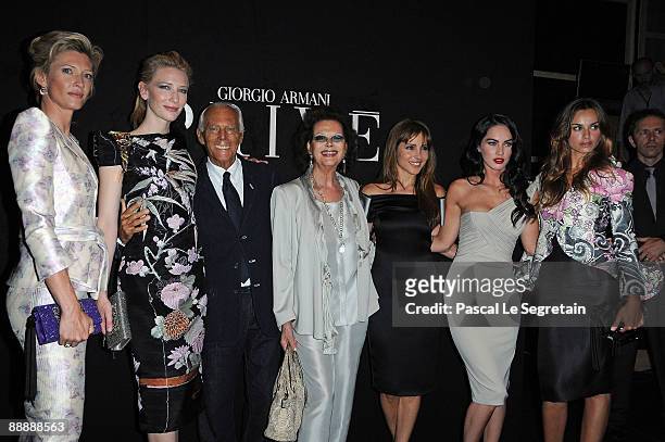 Mafalda Von Hesse, Cate Blanchett, Giorgio Armani, Claudia Cardinale, Elsa Pataky, Megan Fox, andKasia Smutniak pose as they arrive at the Giorgio...