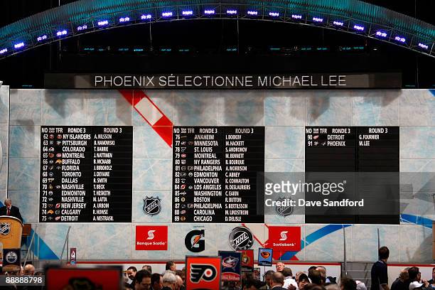 General view of the draft board during the third round in the second day of the 2009 NHL Entry Draft at the Bell Centre on June 27, 2009 in Montreal,...