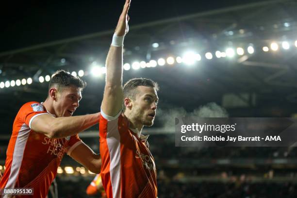 Shaun Whalley of Shrewsbury Town celebrates after scoring a goal to make it 1-1 during the Sky Bet League One match between Milton Keynes Dons and...