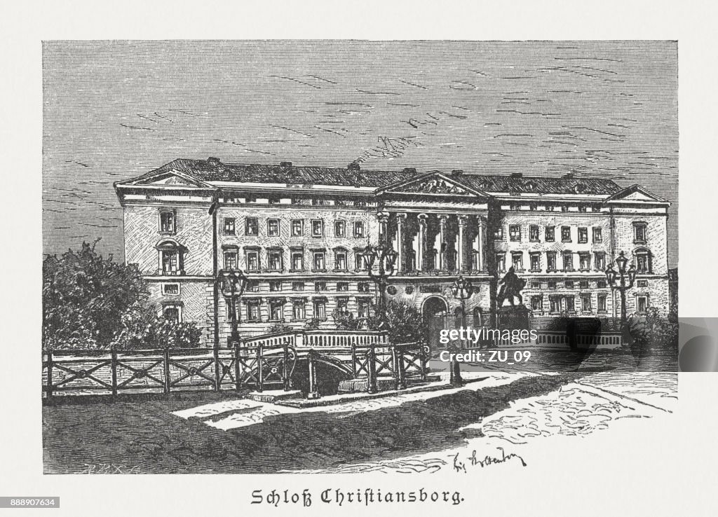 Christiansborg Palace in Copenhagen, Denmark, wood engraving, published in 1887